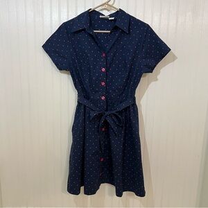 Vermont Country Store Blue w Pink Polka Dots Button Tie Front Dress 100% cotton